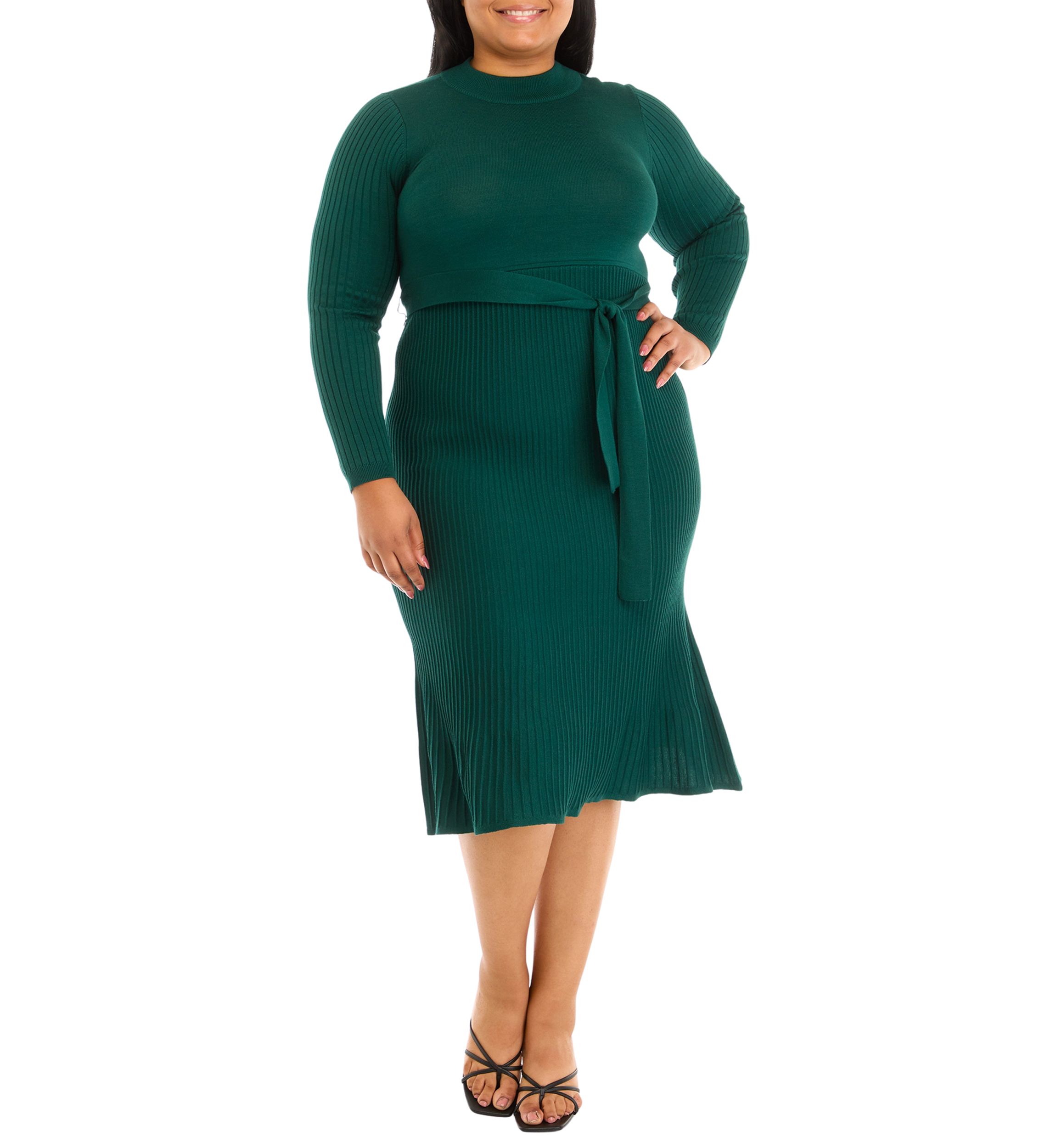 Plus Size Long Sleeve High Neck Belted Pleated Fit and Flare Dress