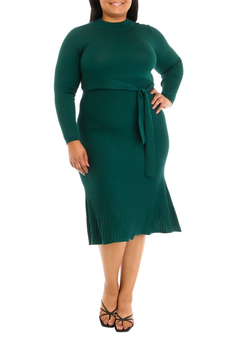 Plus Size Long Sleeve High Neck Belted Pleated Fit and Flare Dress