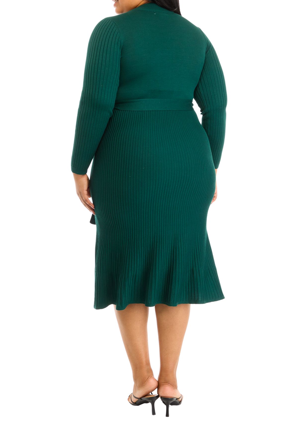 Plus Size Long Sleeve High Neck Belted Pleated Fit and Flare Dress