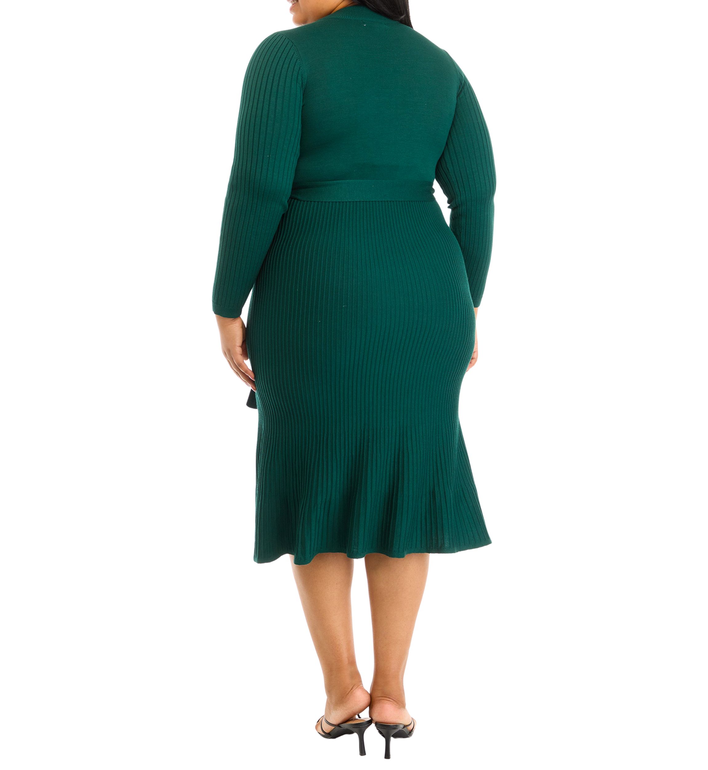 Plus Size Long Sleeve High Neck Belted Pleated Fit and Flare Dress