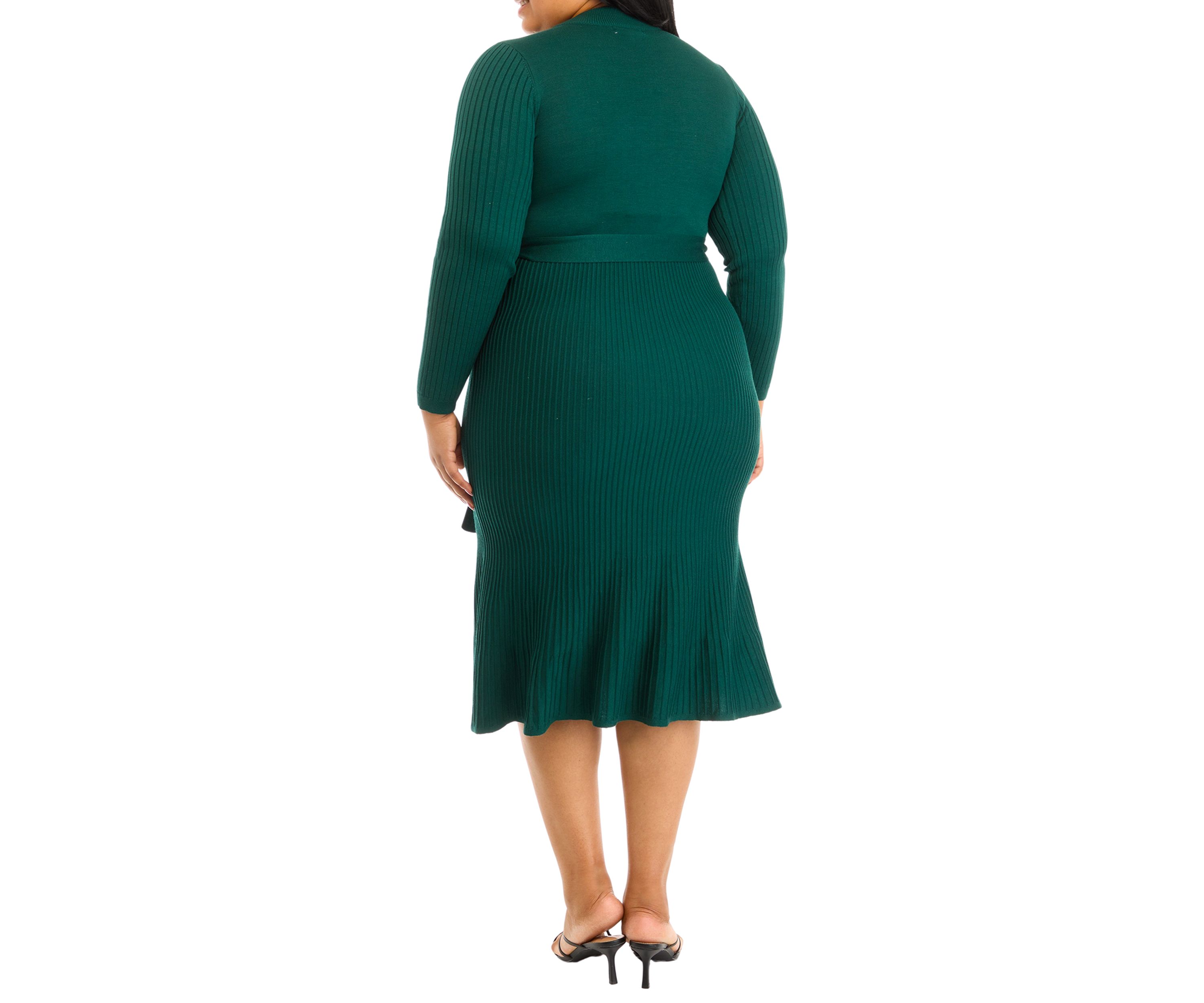 Plus Size Long Sleeve High Neck Belted Pleated Fit and Flare Dress