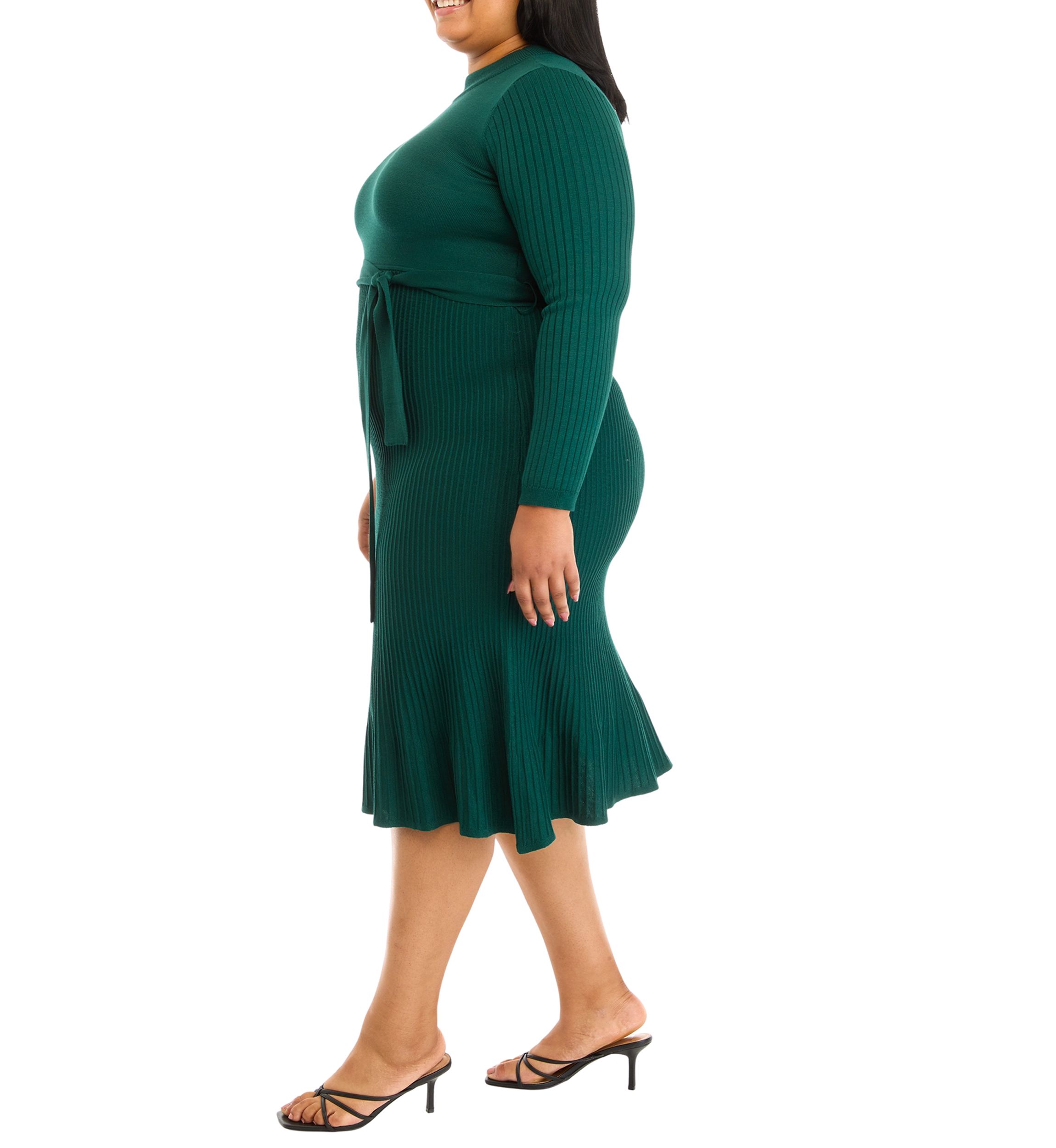 Plus Size Long Sleeve High Neck Belted Pleated Fit and Flare Dress