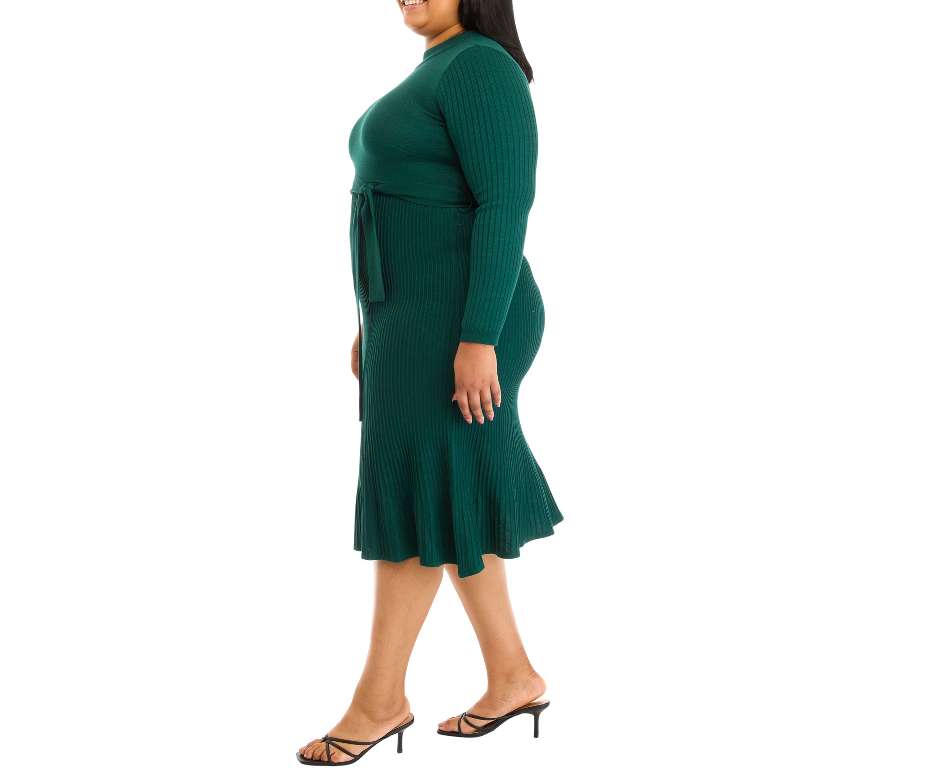 Plus Size Long Sleeve High Neck Belted Pleated Fit and Flare Dress