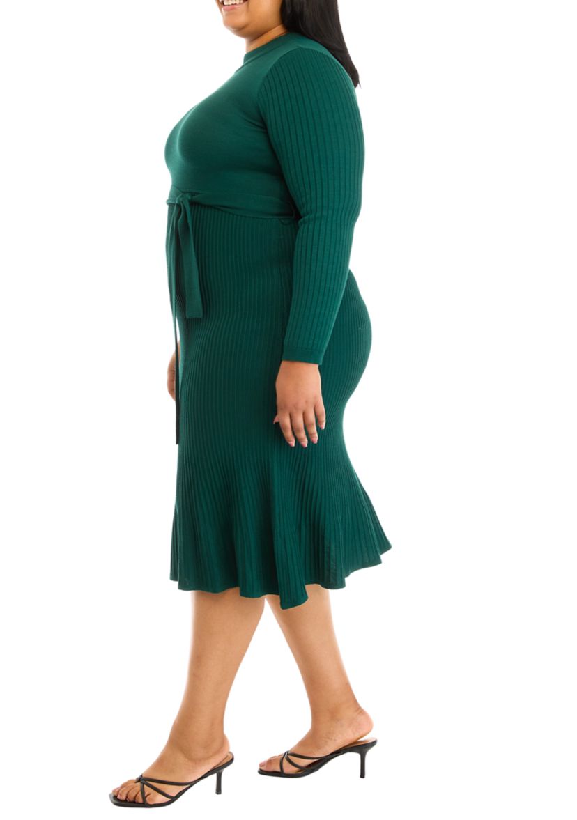 Plus Size Long Sleeve High Neck Belted Pleated Fit and Flare Dress