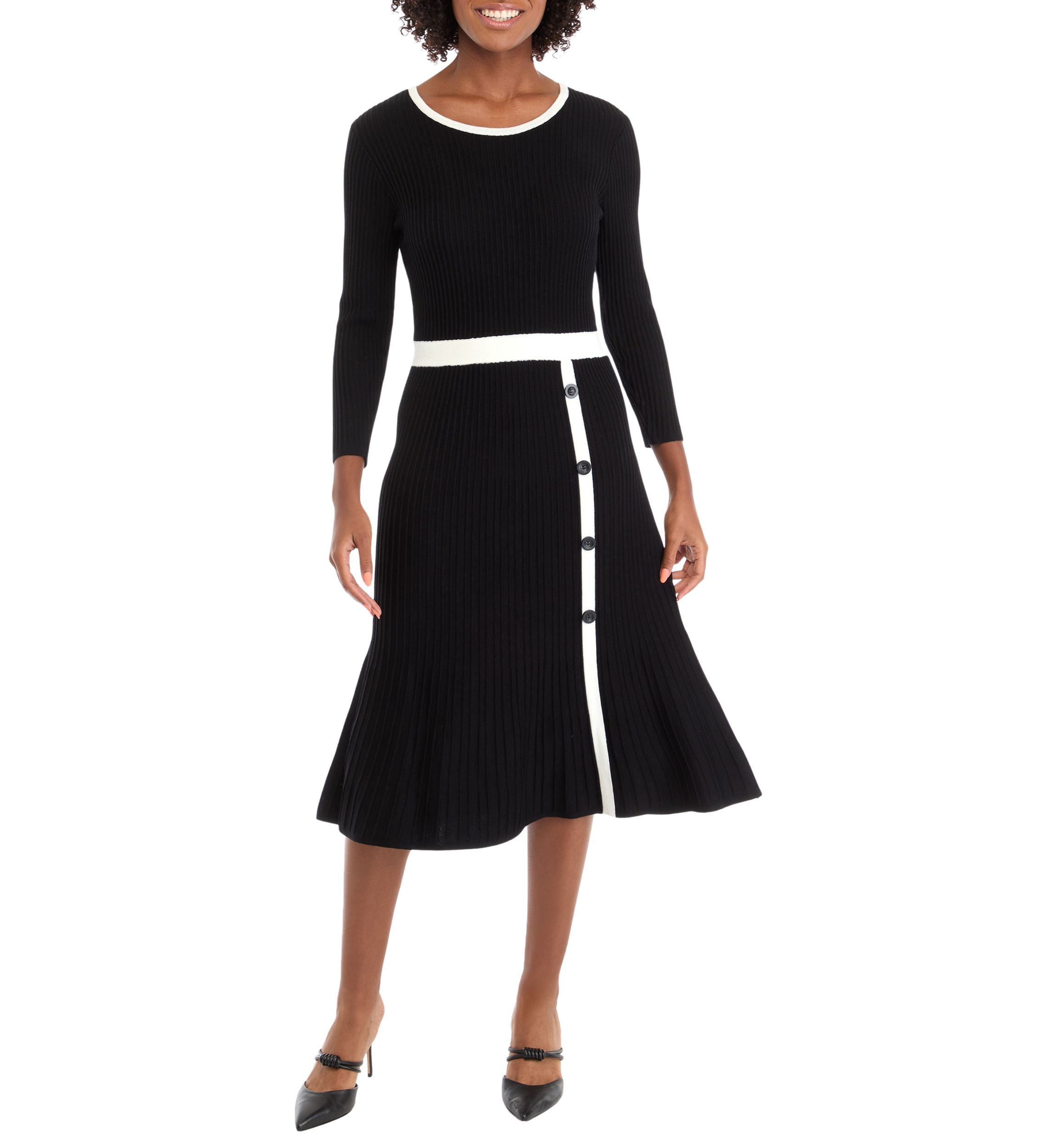 Womens Long Sleeve Solid A-Line Sweater Dress with Contrast Trim