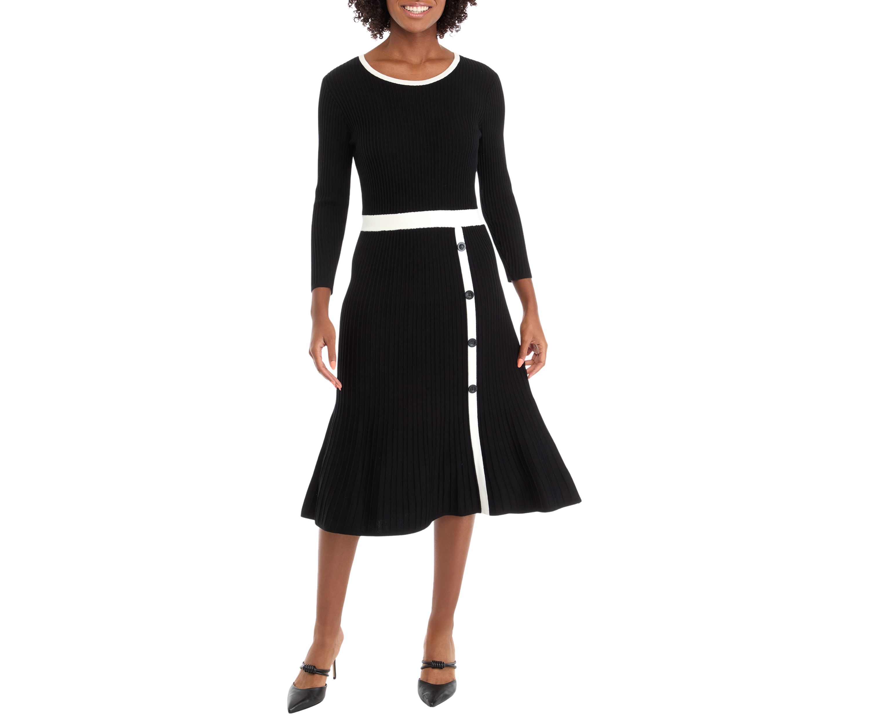 Womens Long Sleeve Solid A-Line Sweater Dress with Contrast Trim