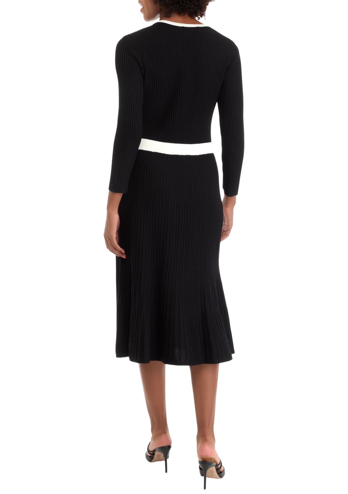 Womens Long Sleeve Solid A-Line Sweater Dress with Contrast Trim