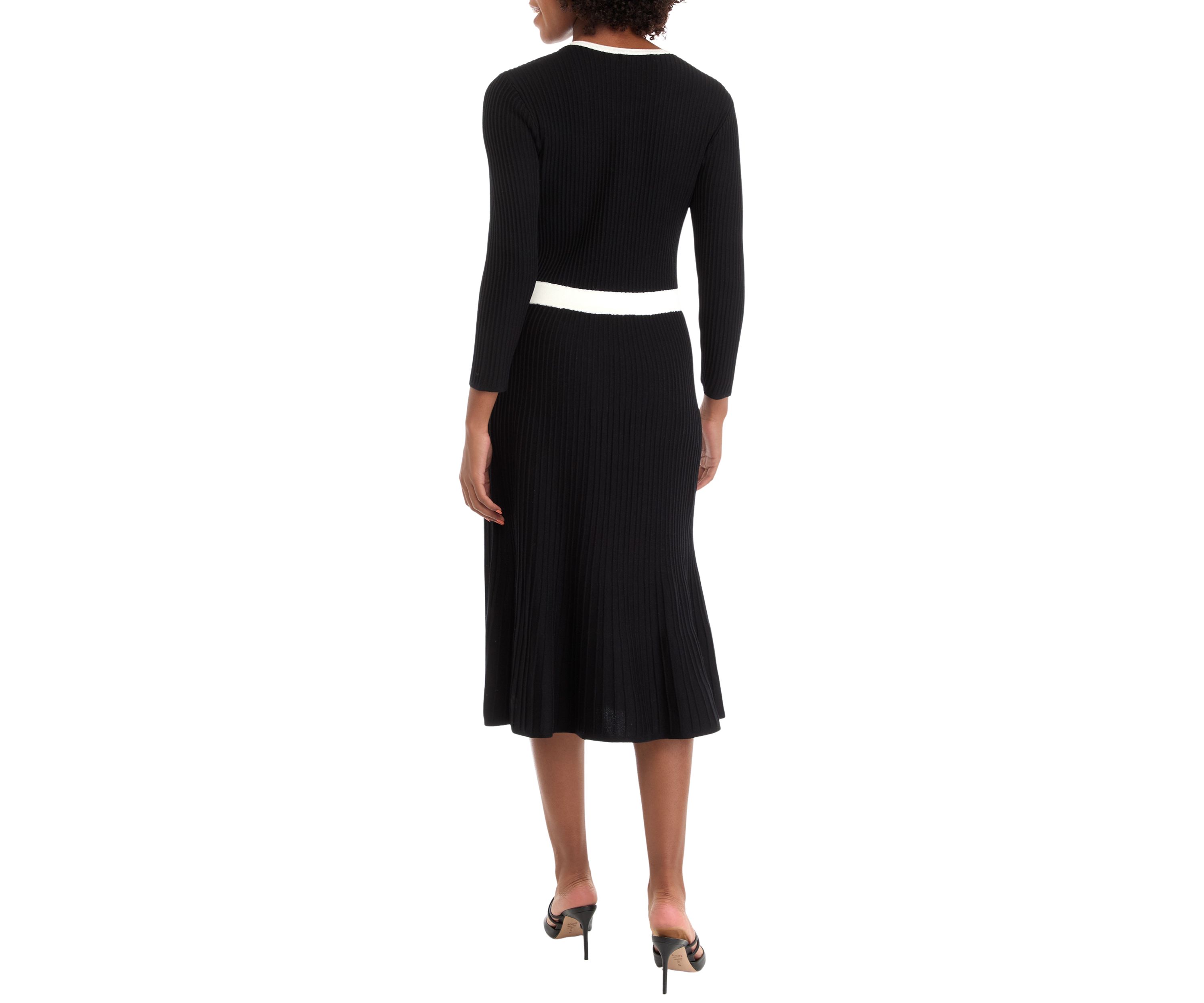 Womens Long Sleeve Solid A-Line Sweater Dress with Contrast Trim