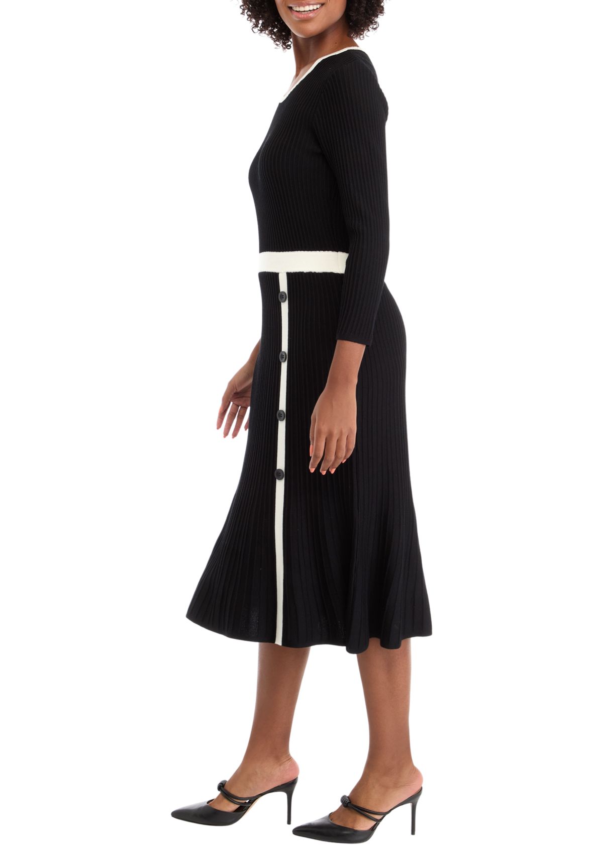 Womens Long Sleeve Solid A-Line Sweater Dress with Contrast Trim