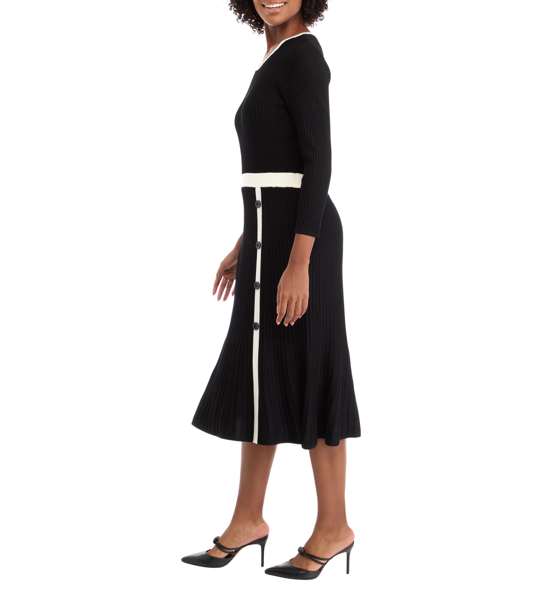 Womens Long Sleeve Solid A-Line Sweater Dress with Contrast Trim