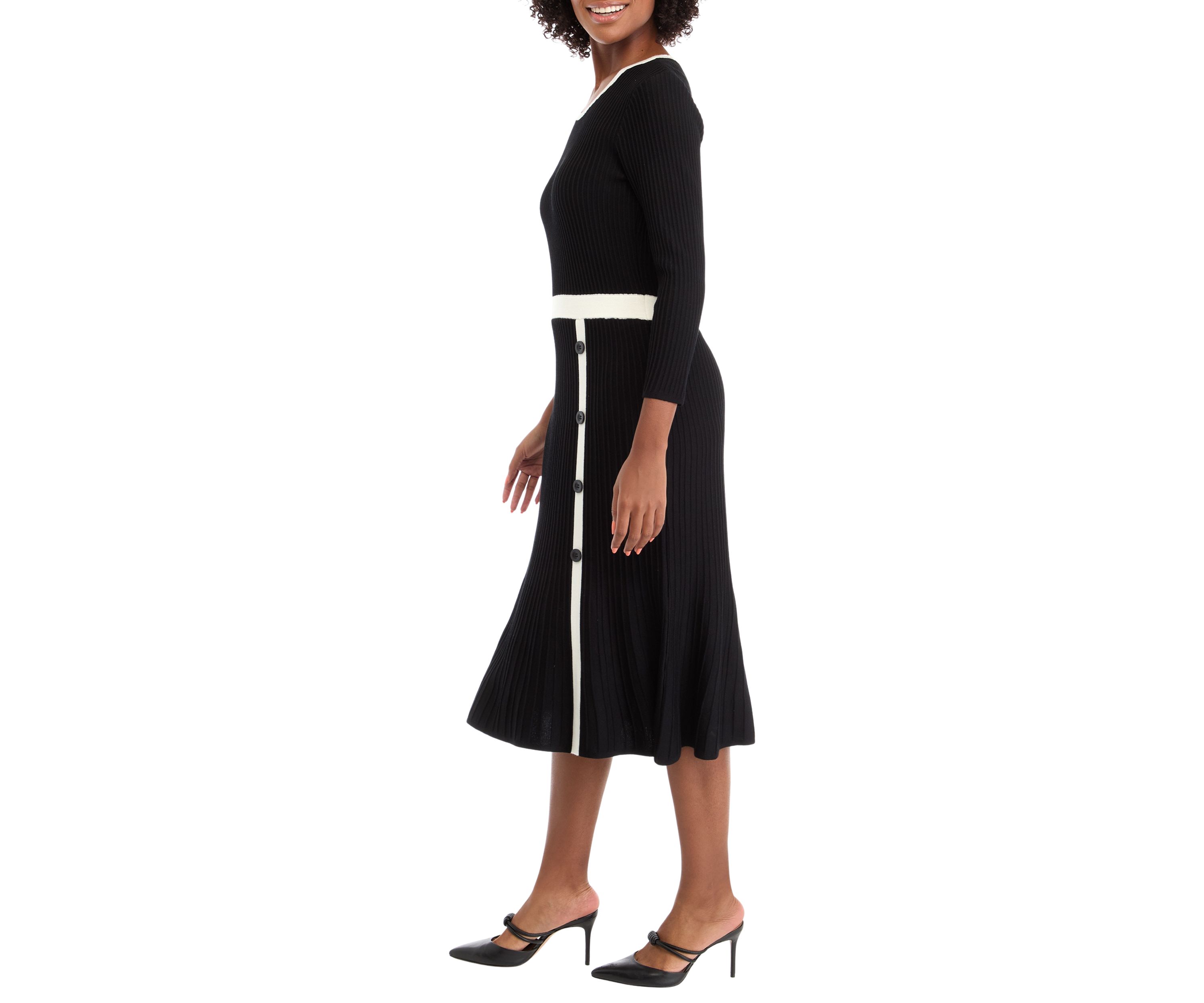 Womens Long Sleeve Solid A-Line Sweater Dress with Contrast Trim