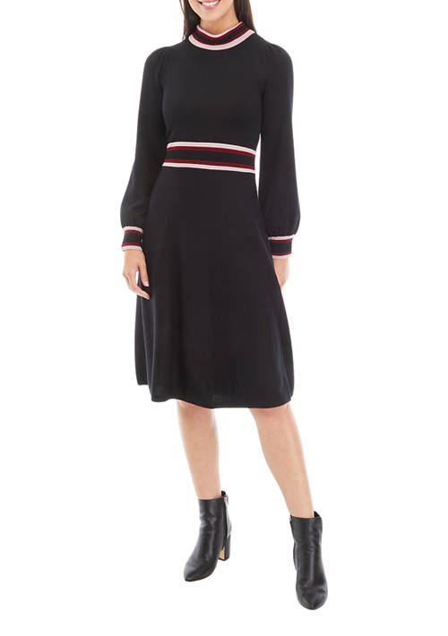 Womens Color Blocked Fit and Flare Midi Sweater Dress