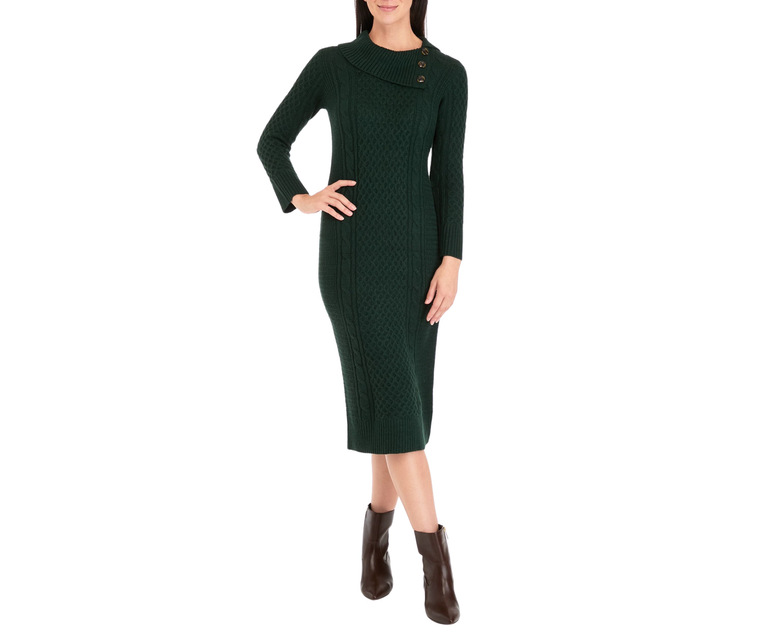 Womens Long Sleeve Envelope Neck Solid A-Line Sweater Dress