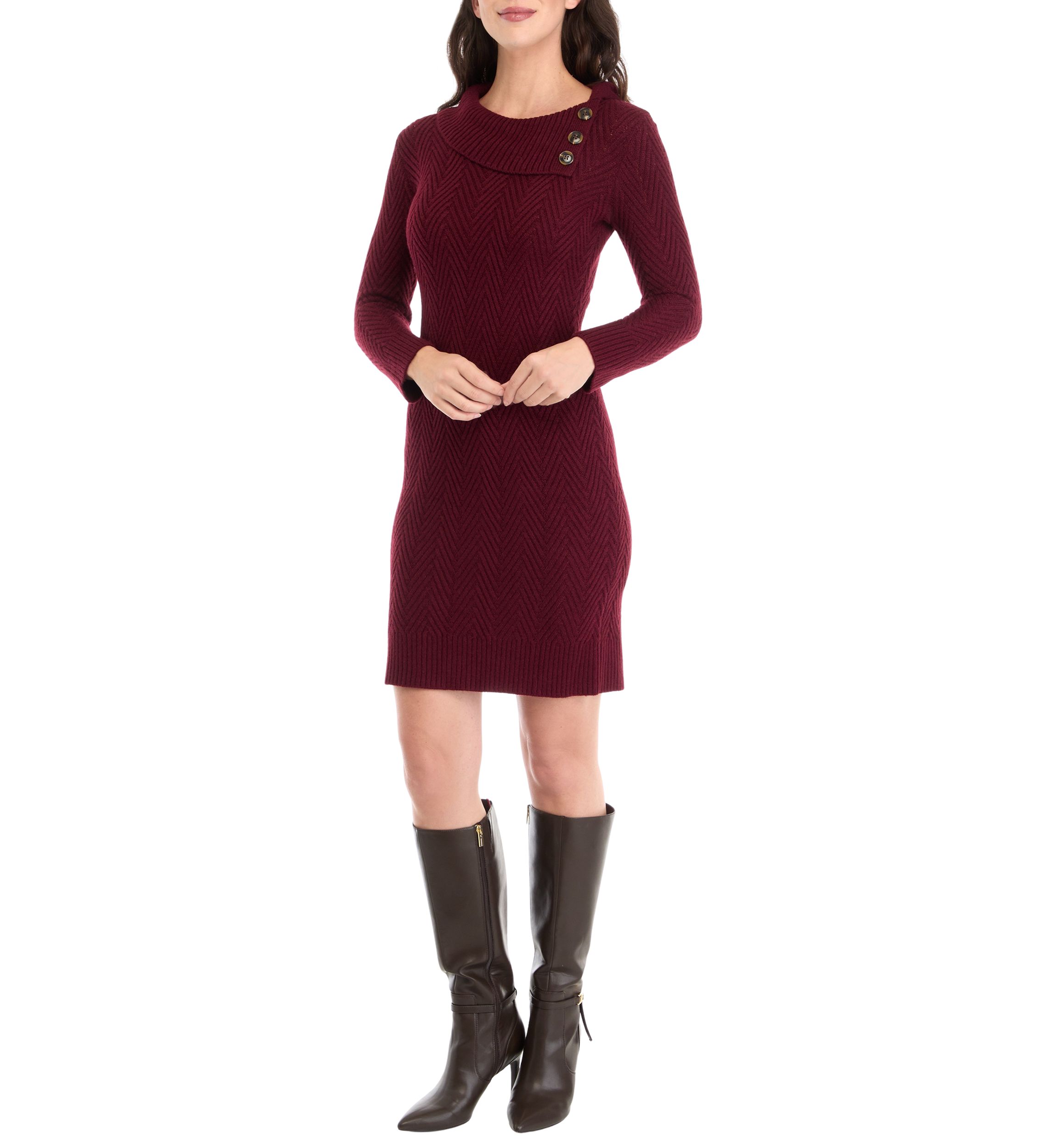 Womens Buttoned Textured Solid Sweater Sheath Dress