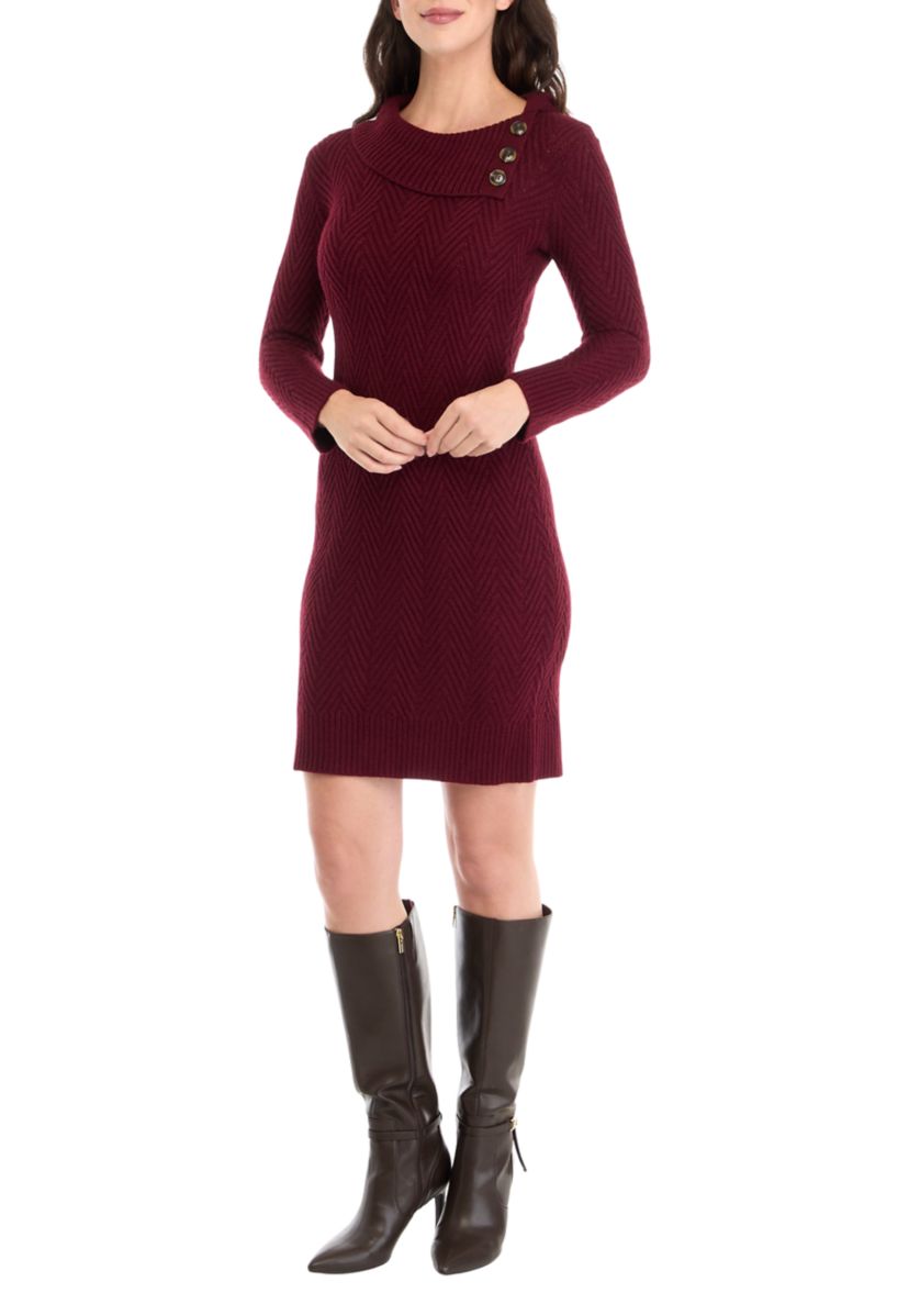 Womens Buttoned Textured Solid Sweater Sheath Dress