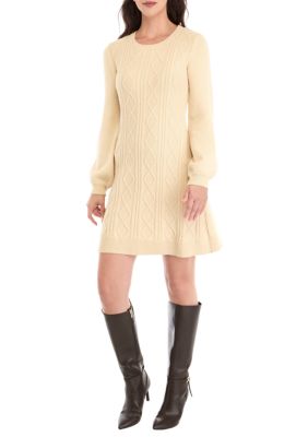 Sandra Darren Women's Long Sleeve Scoop Neck Textured Solid Sweater Dress, Ivory, XL