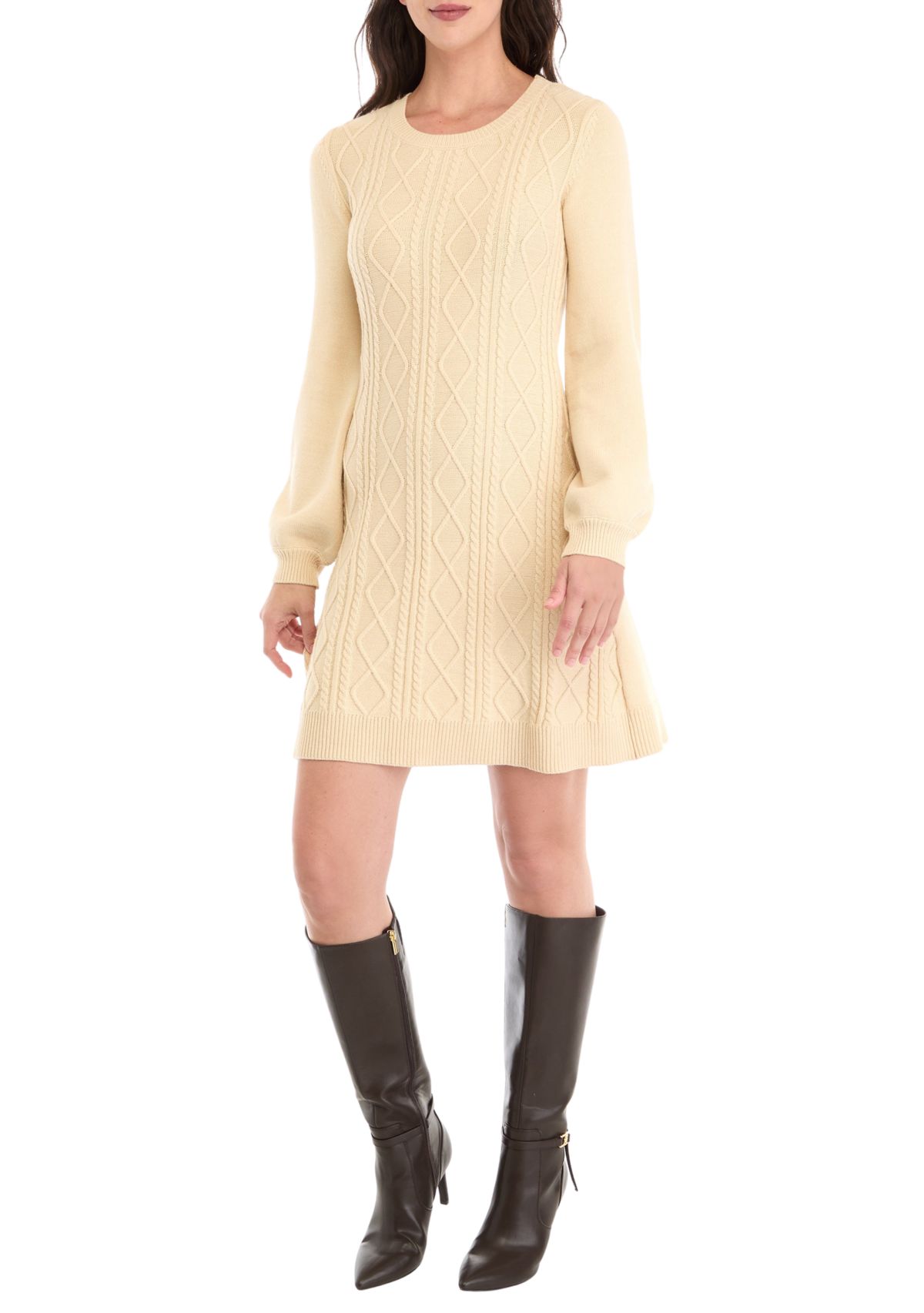 Womens Long Sleeve Scoop Neck Textured Solid Sweater Dress