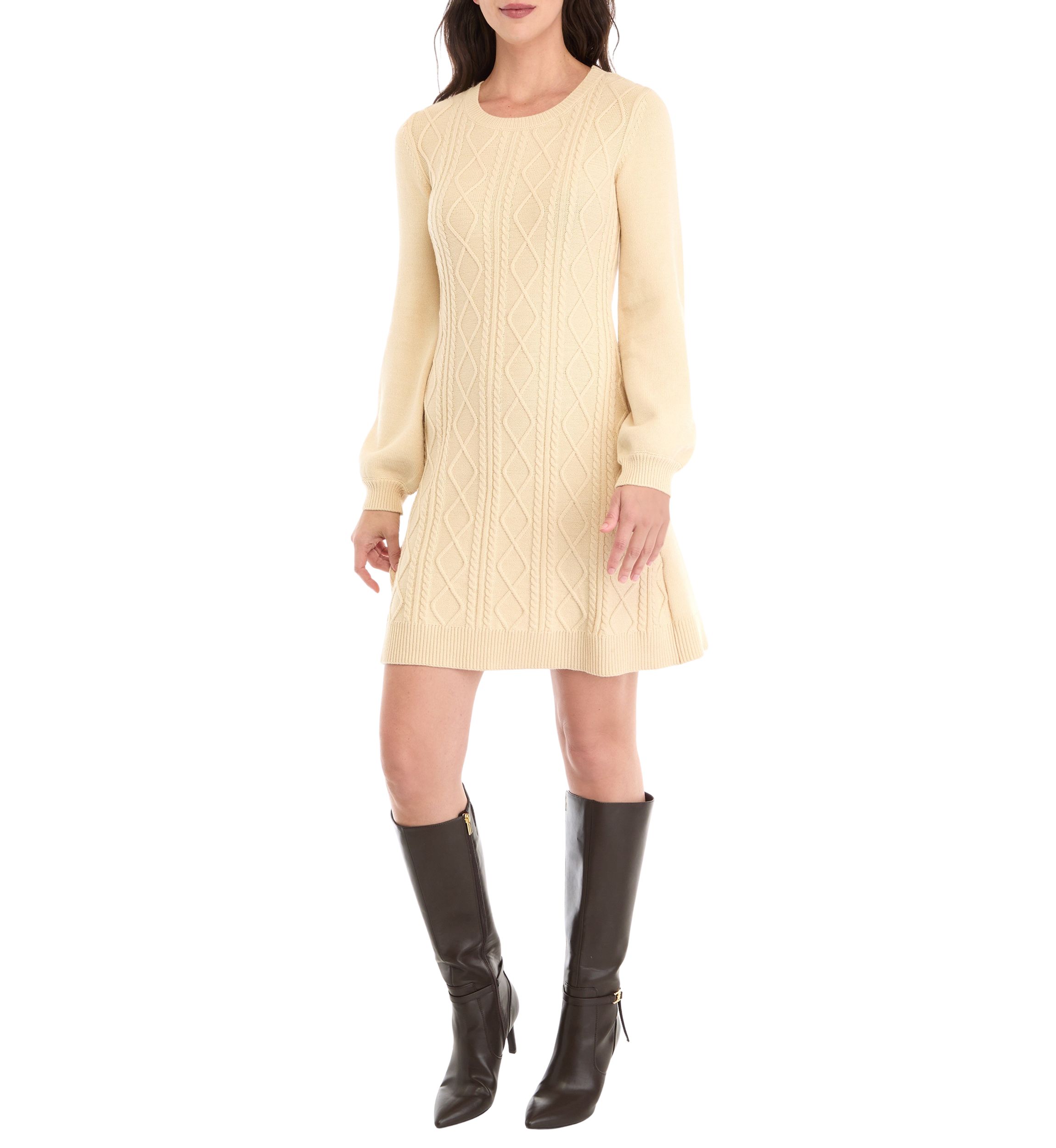 Womens Long Sleeve Scoop Neck Textured Solid Sweater Dress