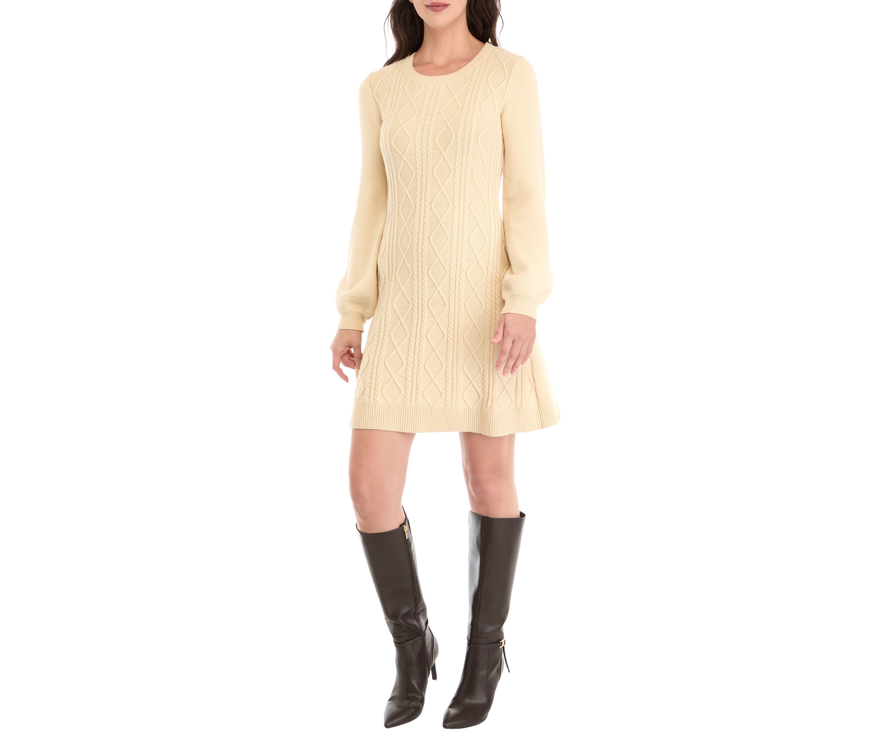 Womens Long Sleeve Scoop Neck Textured Solid Sweater Dress