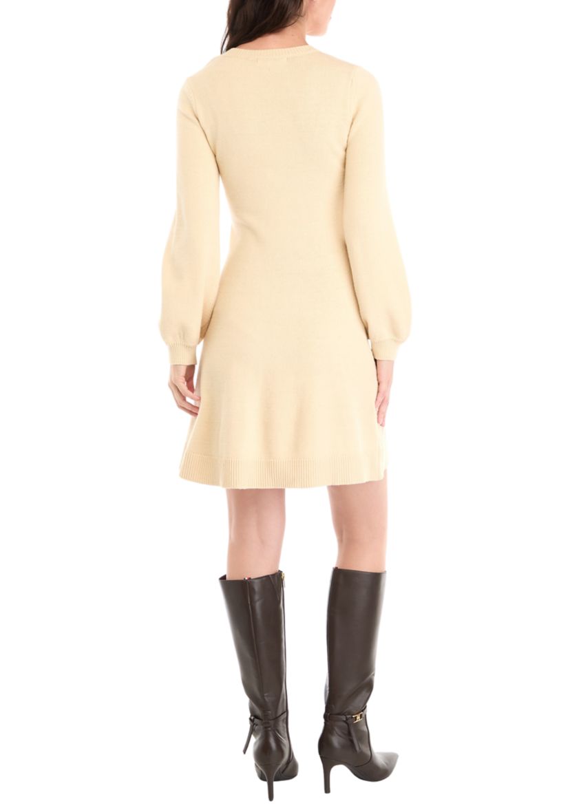 Womens Long Sleeve Scoop Neck Textured Solid Sweater Dress