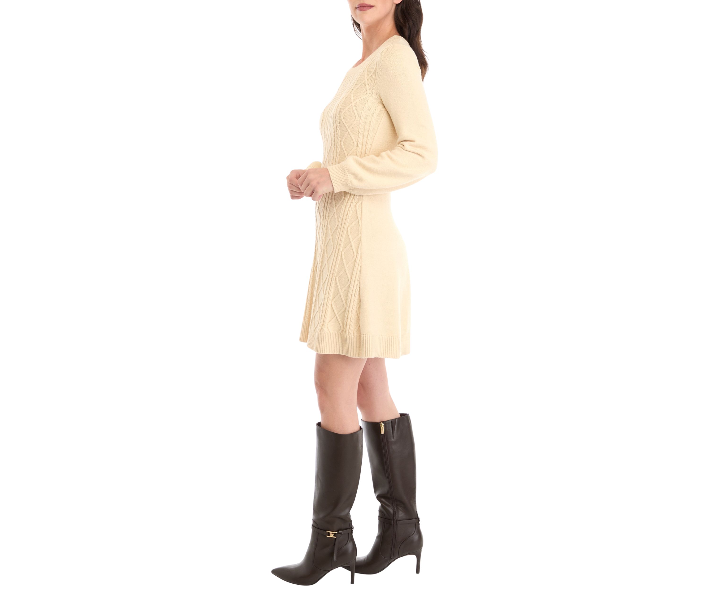 Womens Long Sleeve Scoop Neck Textured Solid Sweater Dress