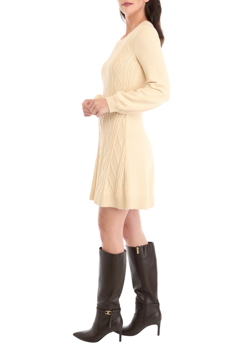 Womens Long Sleeve Scoop Neck Textured Solid Sweater Dress