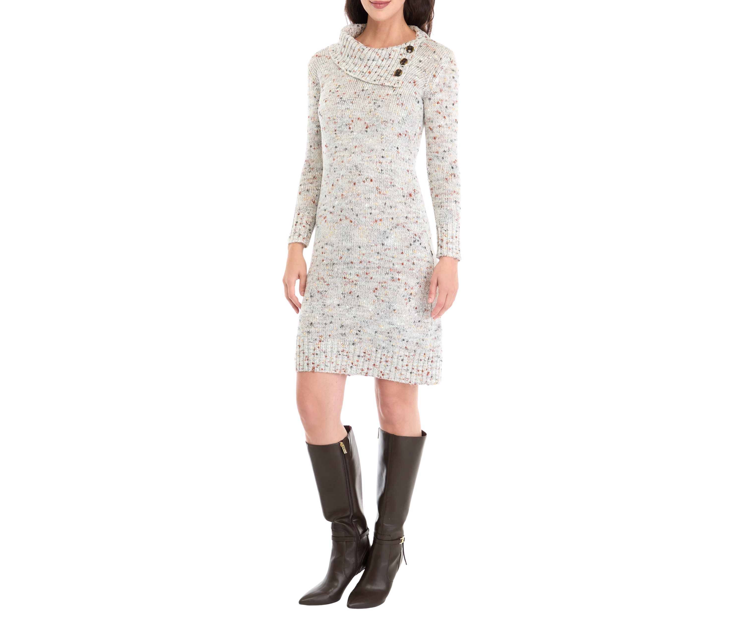 Womens Long Sleeve Button Accent Sweater Sheath Dress