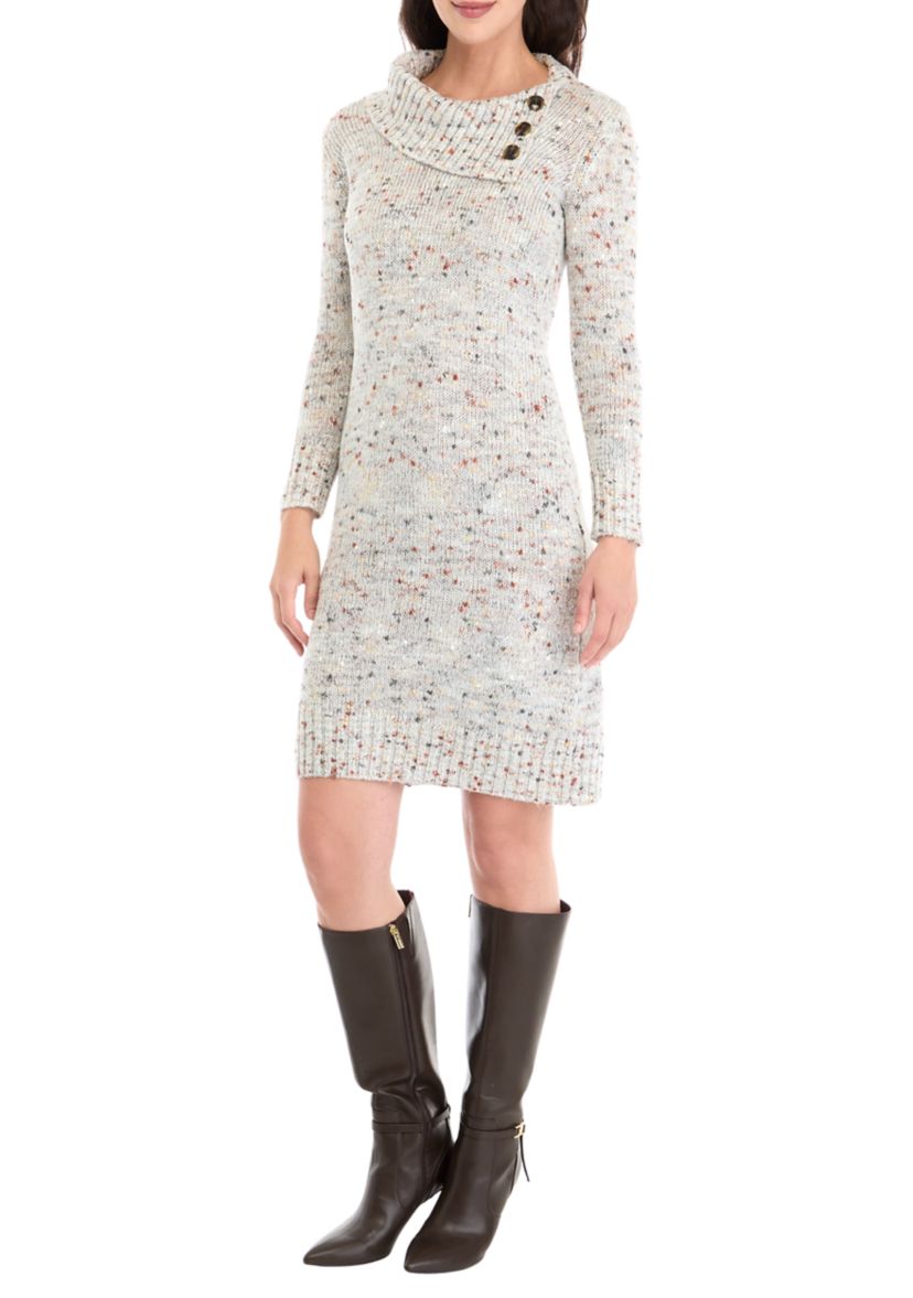 Womens Long Sleeve Button Accent Sweater Sheath Dress