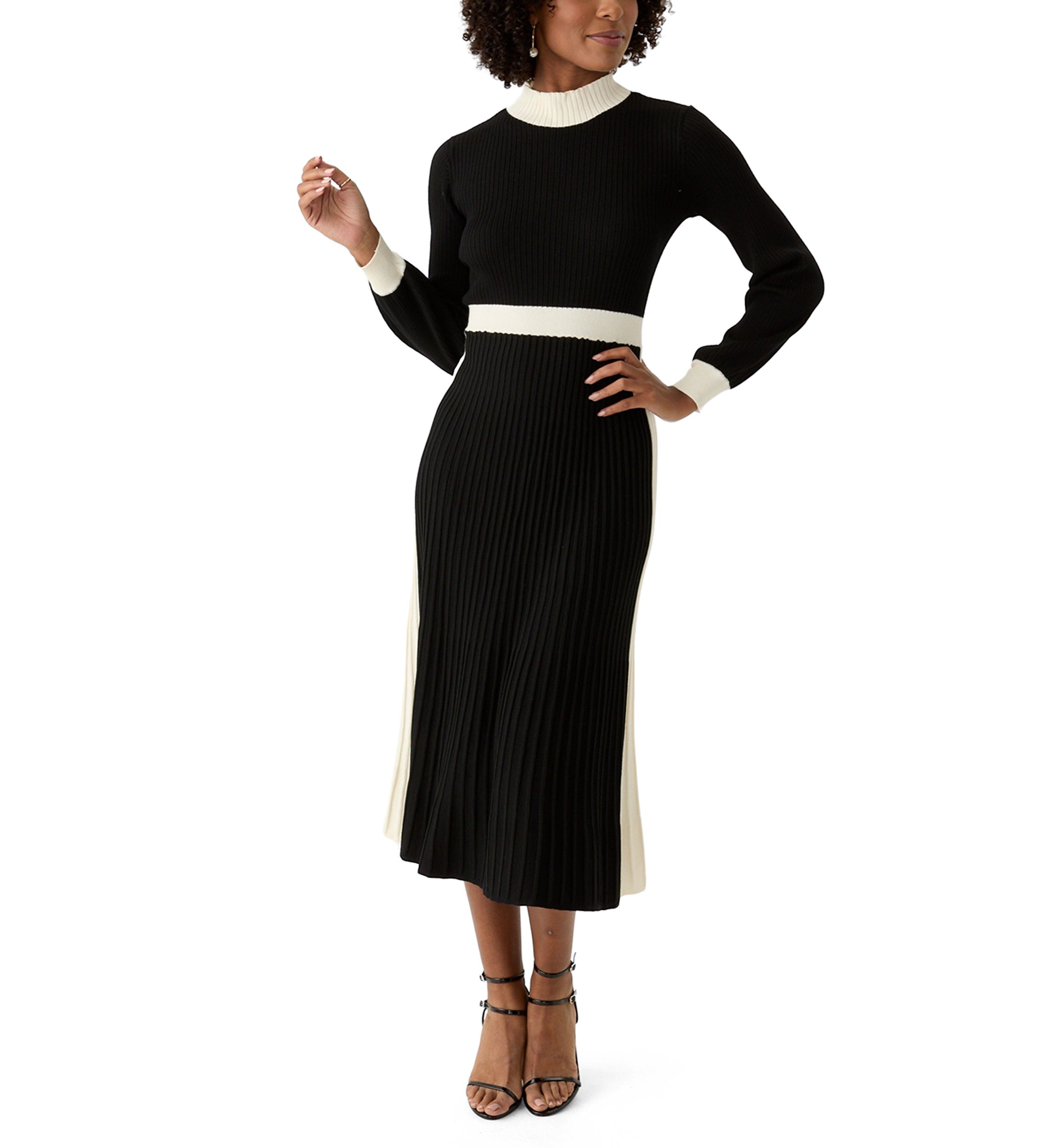 Womens Long Sleeve Mock Neck Square Print Button Slit A-Line Sweater Dress