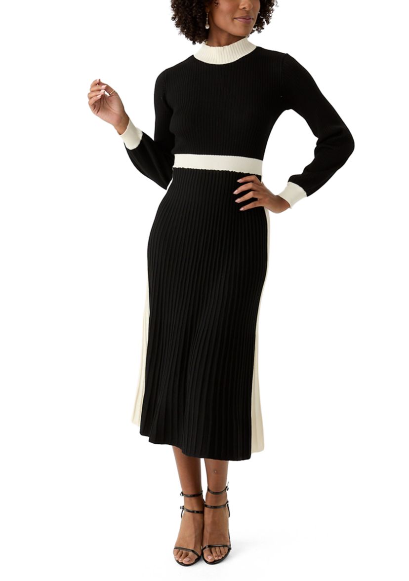 Womens Long Sleeve Mock Neck Square Print Button Slit A-Line Sweater Dress