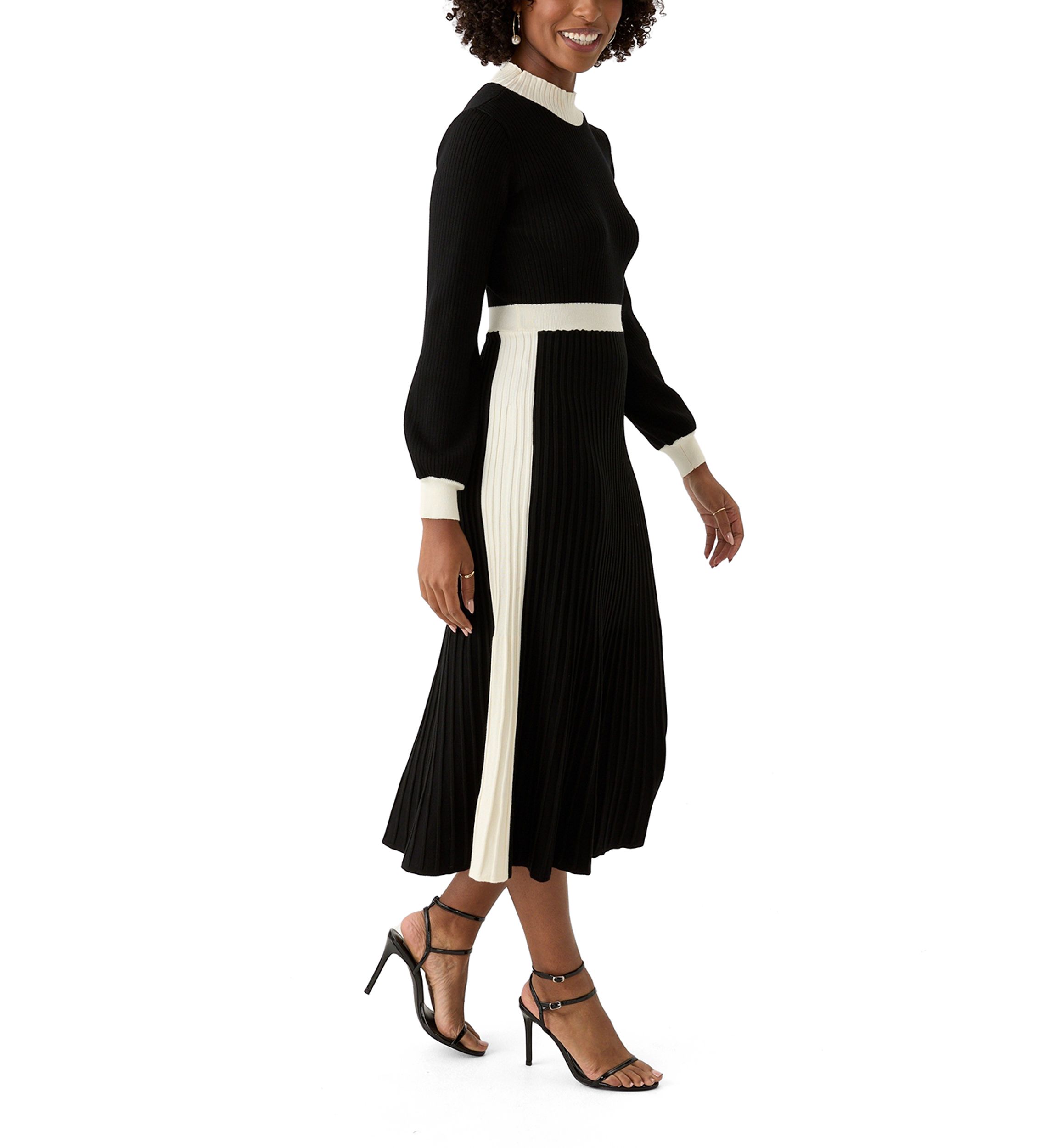 Womens Long Sleeve Mock Neck Square Print Button Slit A-Line Sweater Dress