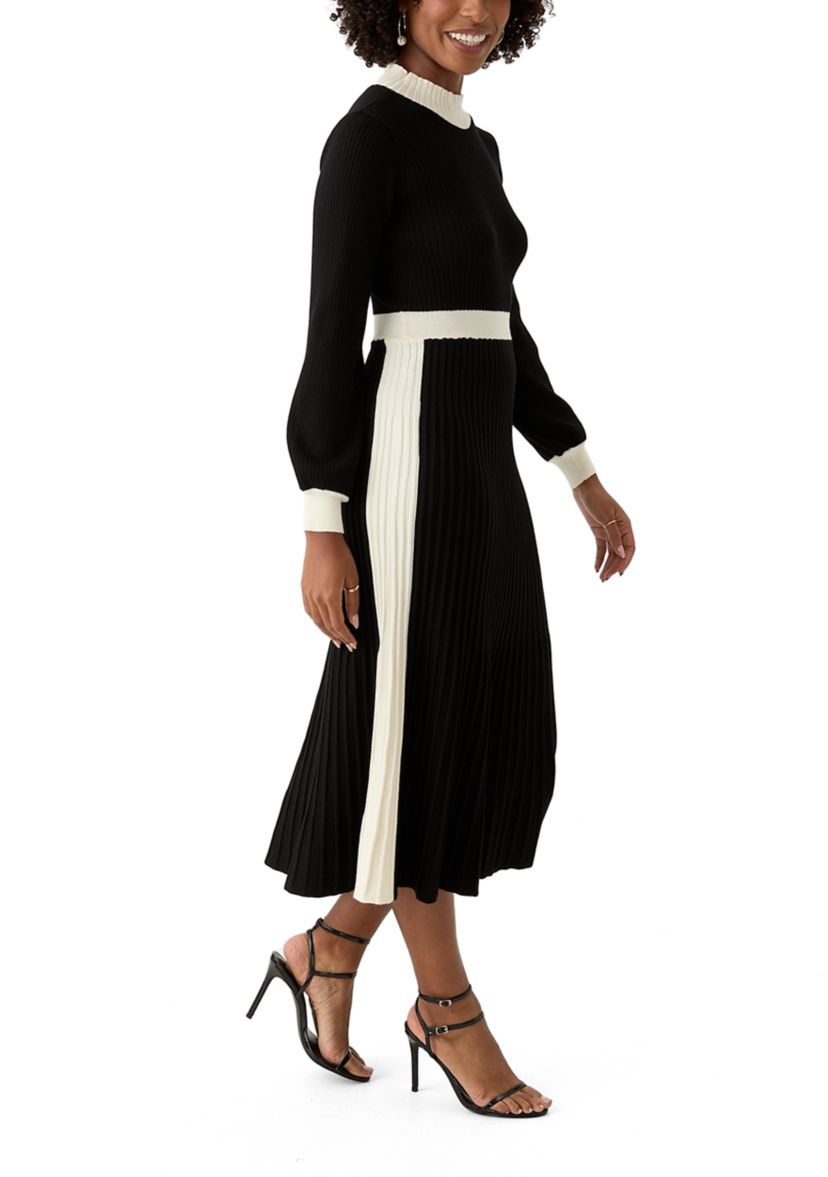 Womens Long Sleeve Mock Neck Square Print Button Slit A-Line Sweater Dress