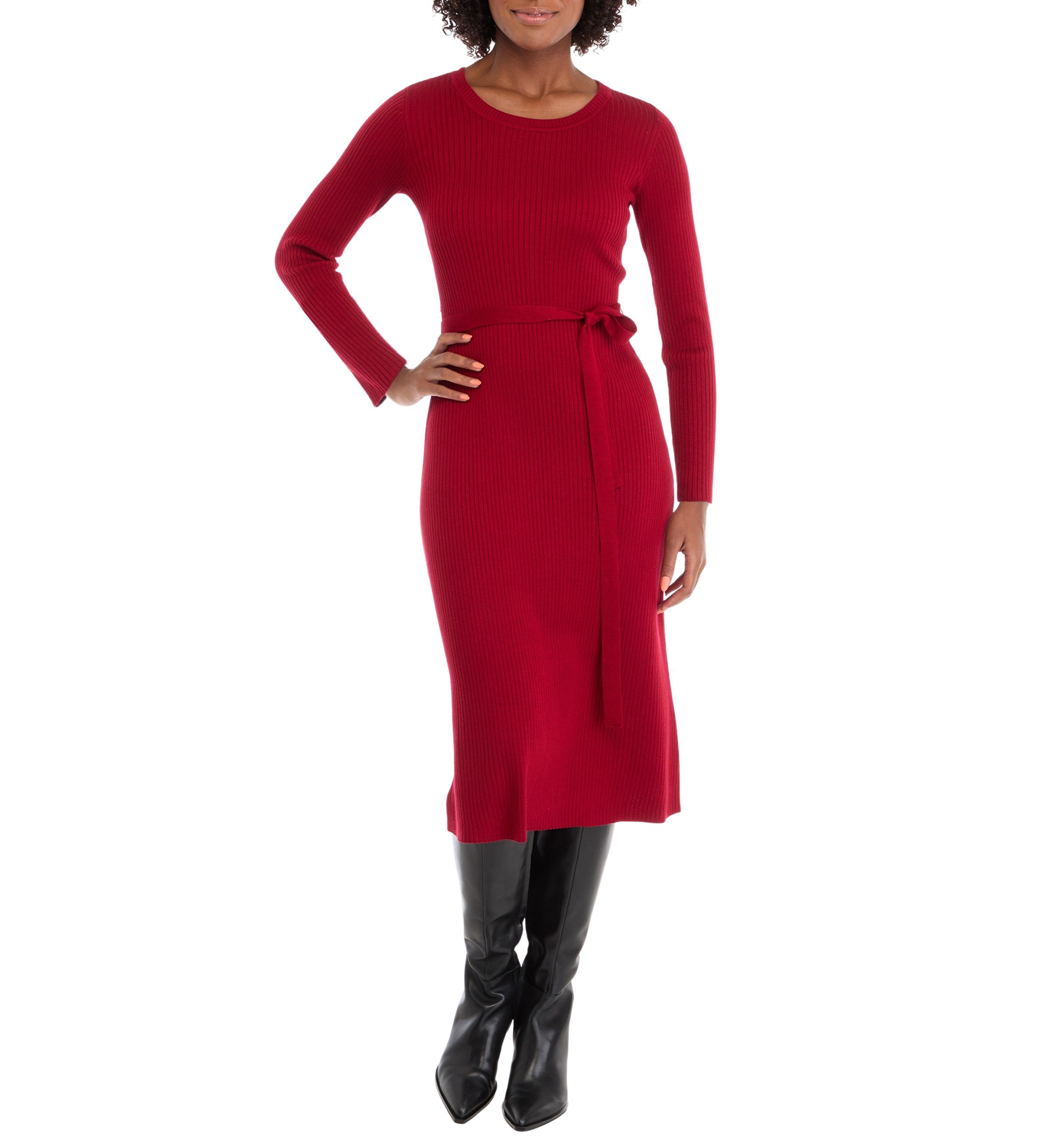 Womens Long Sleeve Tie Waist Fit-and-Flare Sweater Dress