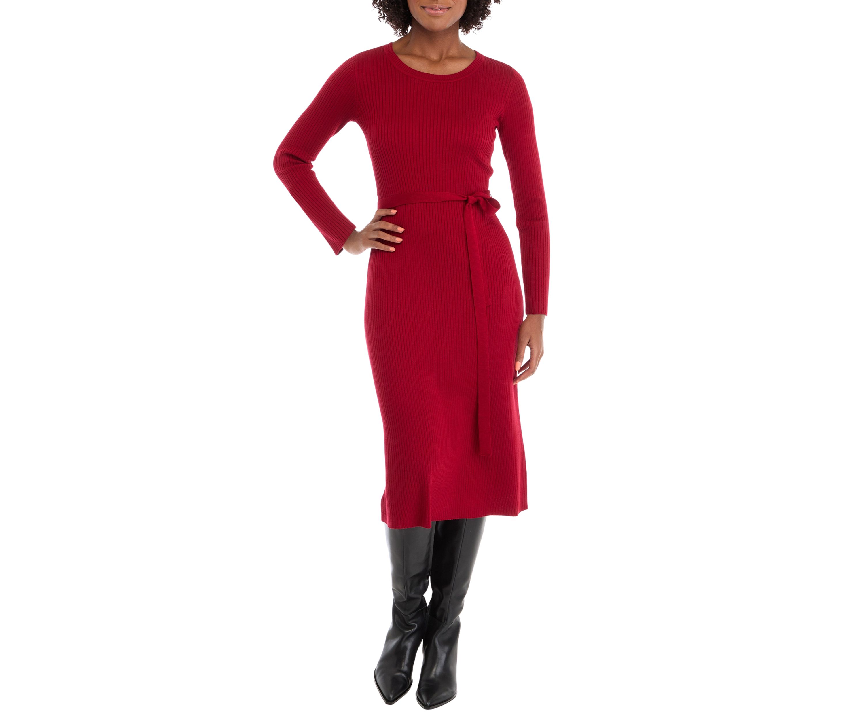 Womens Long Sleeve Tie Waist Fit-and-Flare Sweater Dress