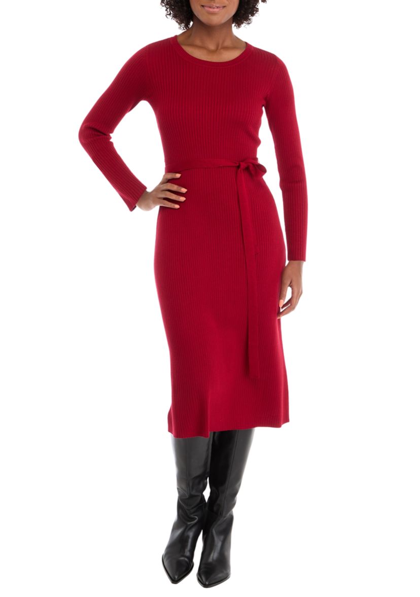 Womens Long Sleeve Tie Waist Fit-and-Flare Sweater Dress
