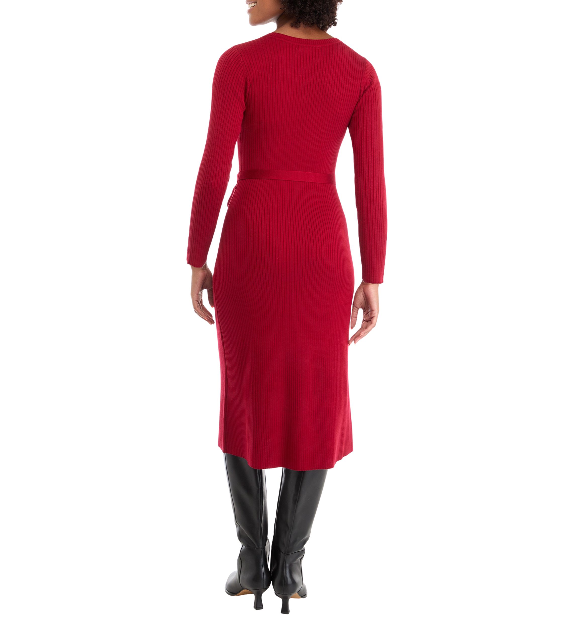 Womens Long Sleeve Tie Waist Fit-and-Flare Sweater Dress