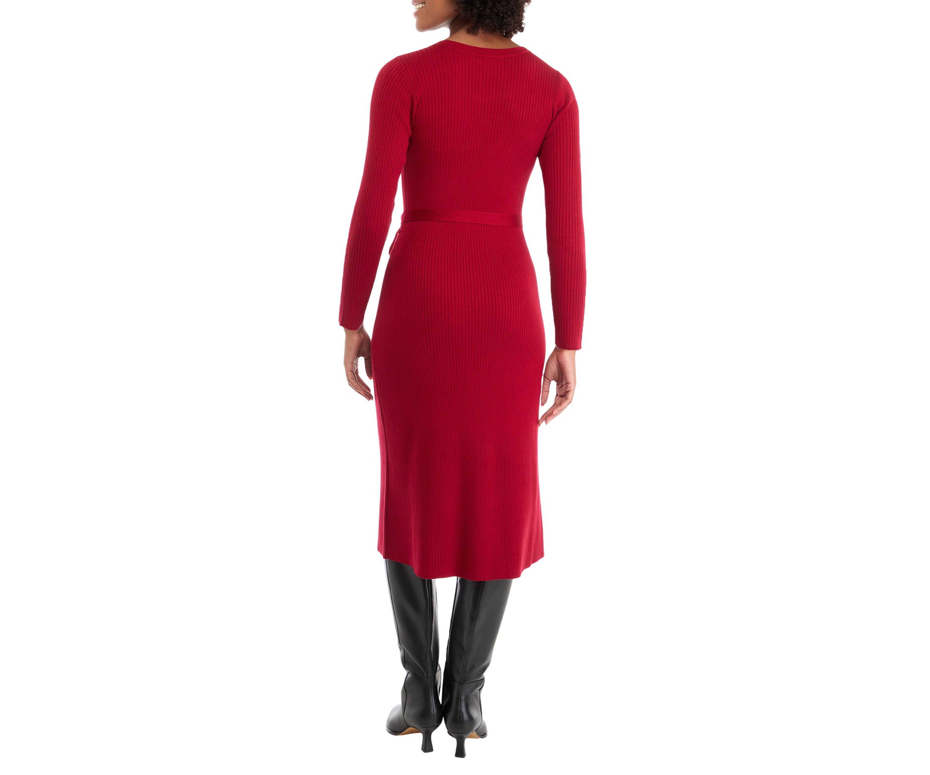 Womens Long Sleeve Tie Waist Fit-and-Flare Sweater Dress