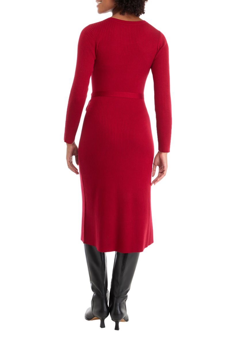Womens Long Sleeve Tie Waist Fit-and-Flare Sweater Dress
