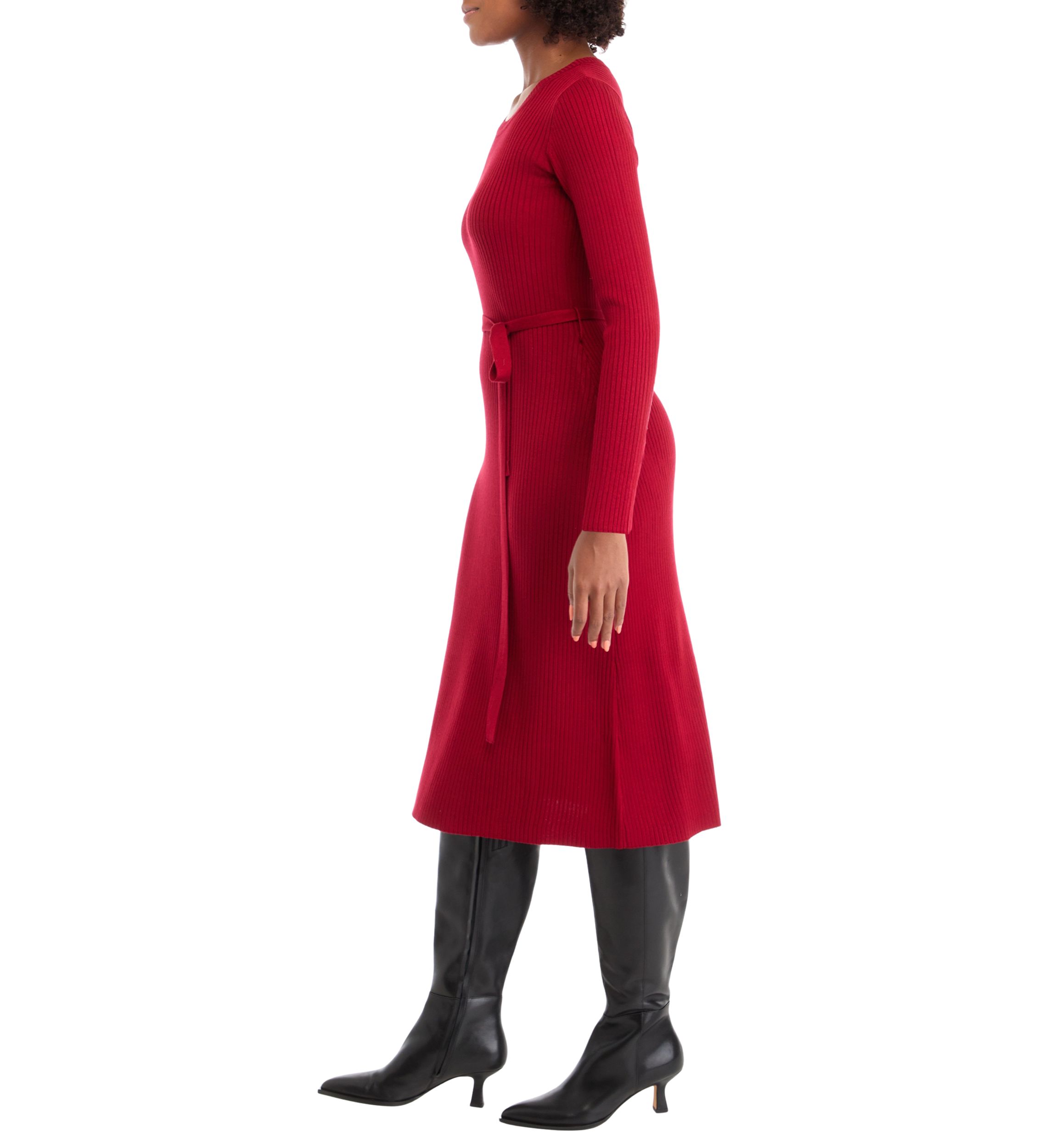 Womens Long Sleeve Tie Waist Fit-and-Flare Sweater Dress