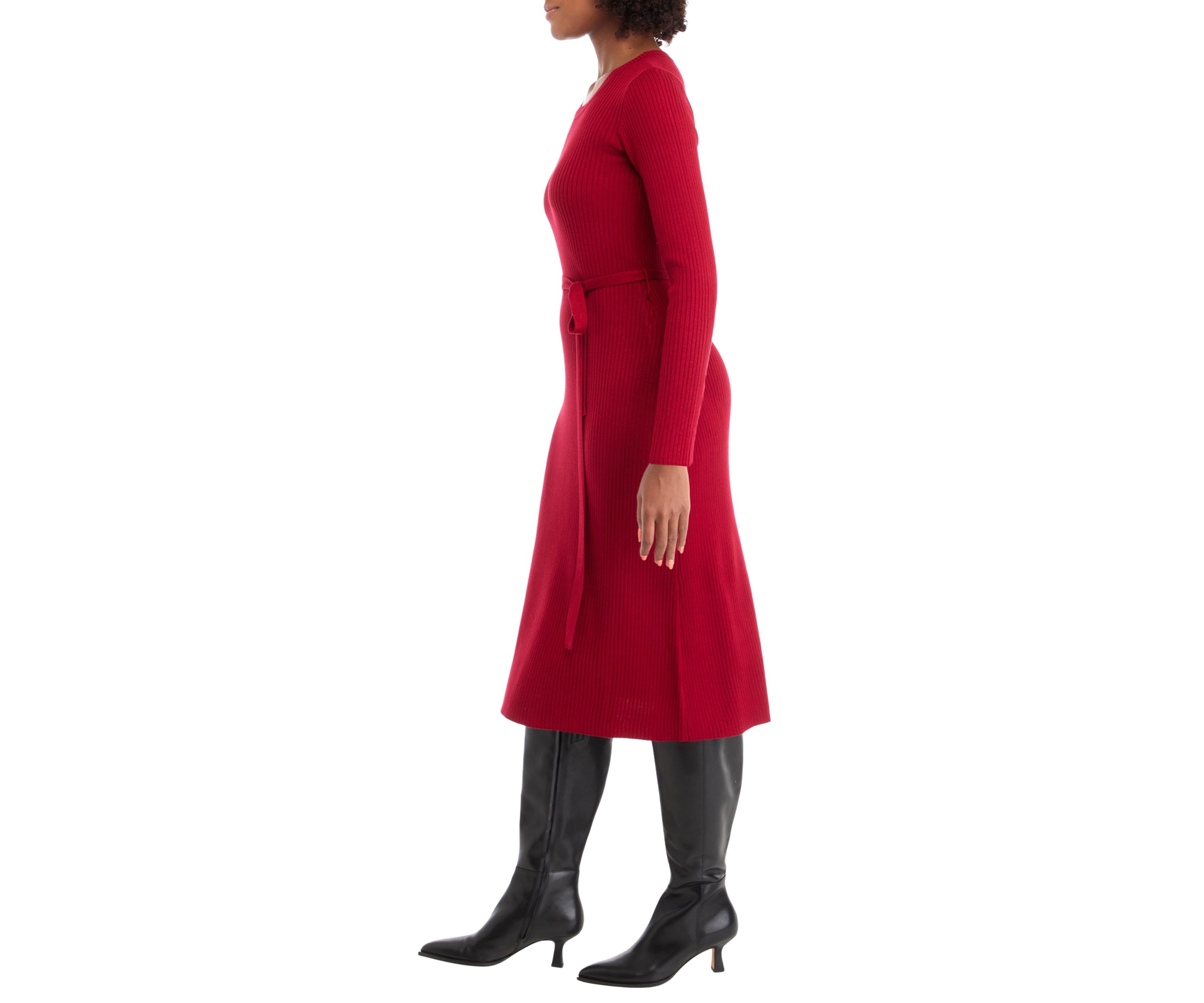 Womens Long Sleeve Tie Waist Fit-and-Flare Sweater Dress
