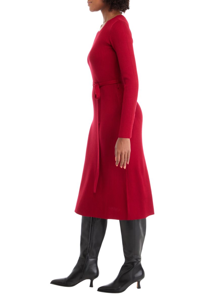 Womens Long Sleeve Tie Waist Fit-and-Flare Sweater Dress