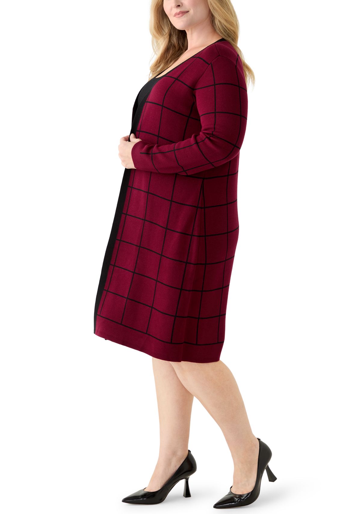 Plus Size Long Sleeve Crew Neck Geometric Print A-Line Sweater Dress