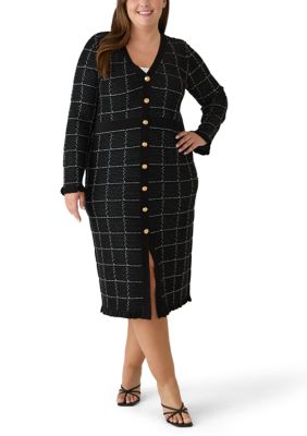 Sandra Darren Women's Plus Size Long Sleeve V-Neck Geo Print Sweater A-Line Dress, Black, 1X