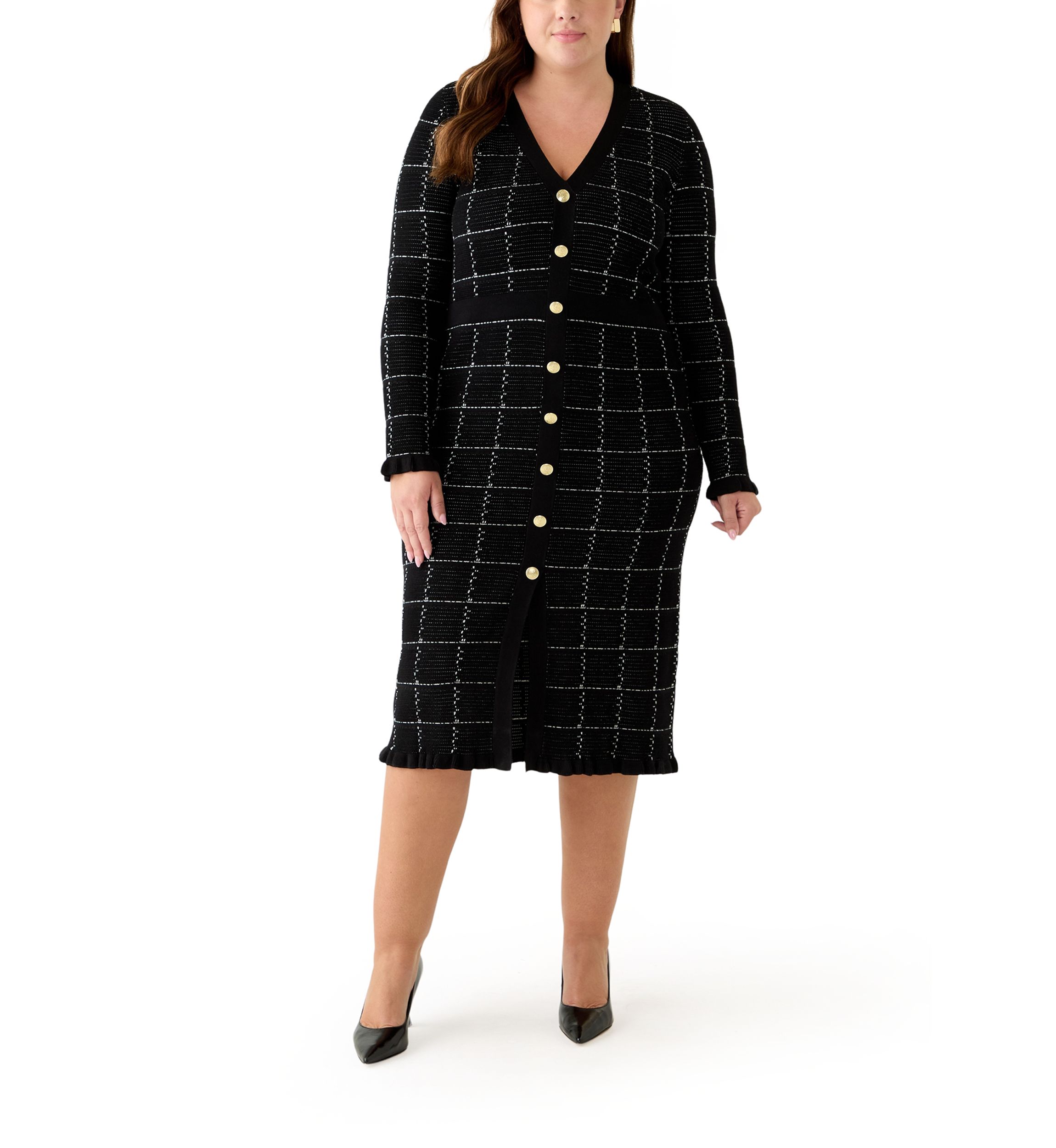Plus Size V-Neck Solid Geo Print Sweater Dress