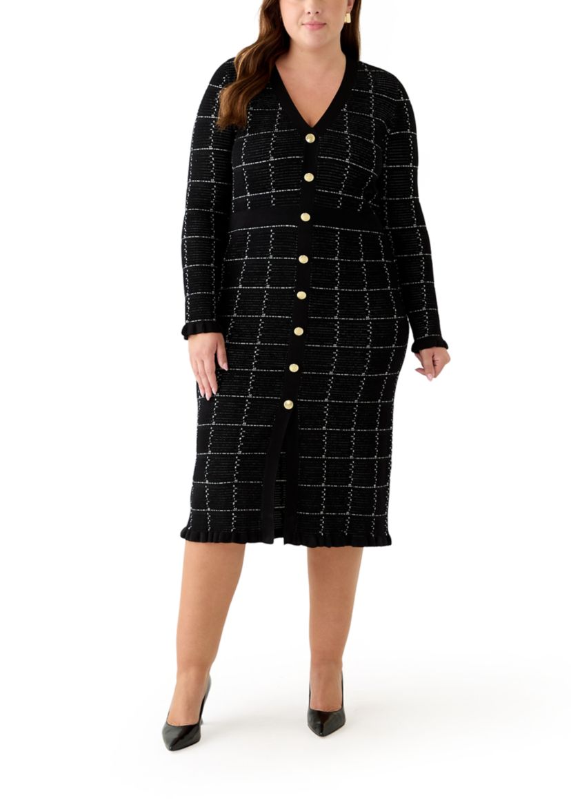 Plus Size V-Neck Solid Geo Print Sweater Dress