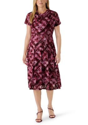 Perceptions Women's Short Sleeve Printed Mesh A-Line Dress, XL