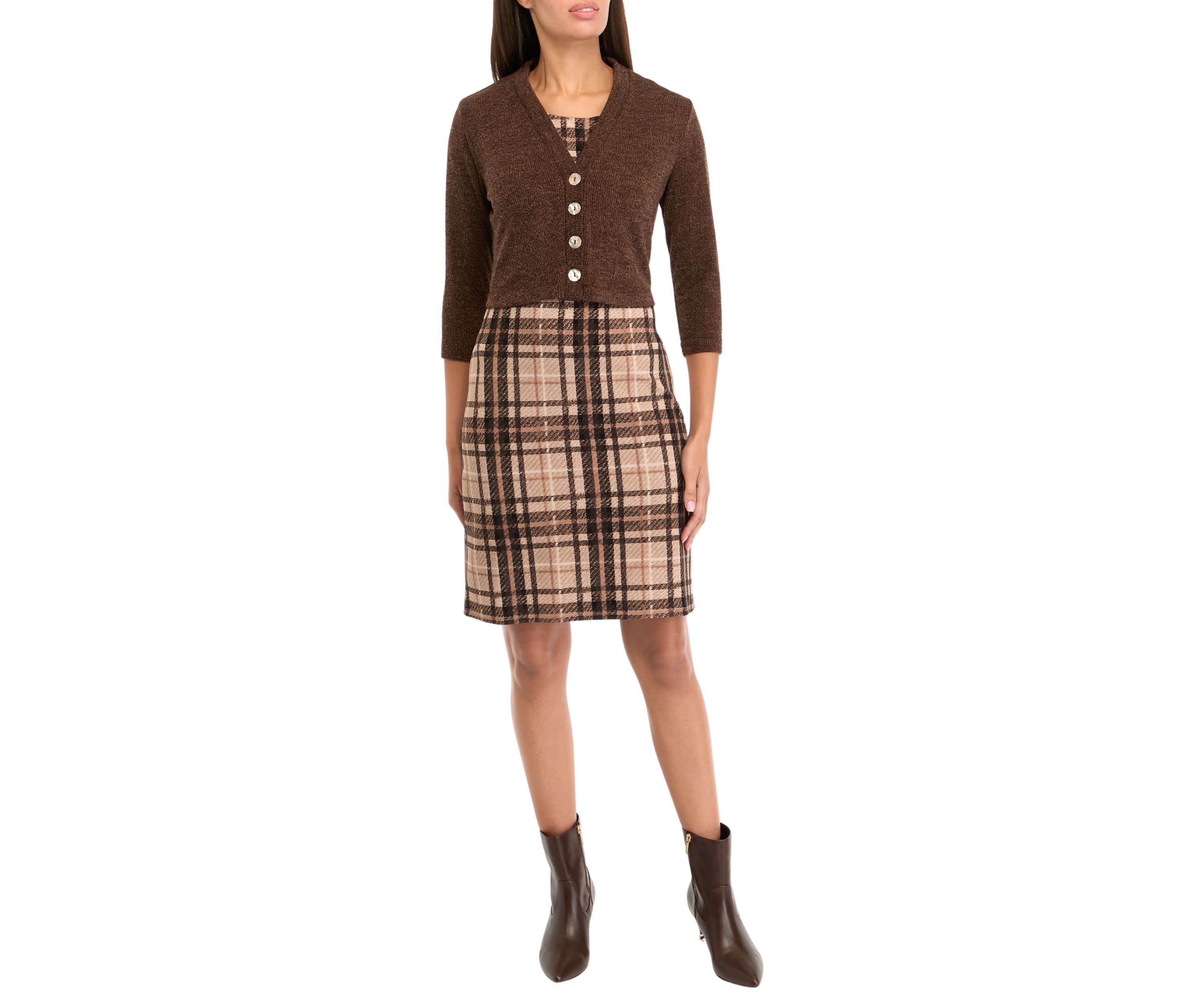 Womens 3/4 Sleeve V-Neck Plaid Printed Jacket Dress