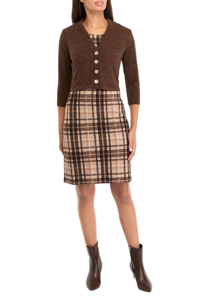 Womens 3/4 Sleeve V-Neck Plaid Printed Jacket Dress