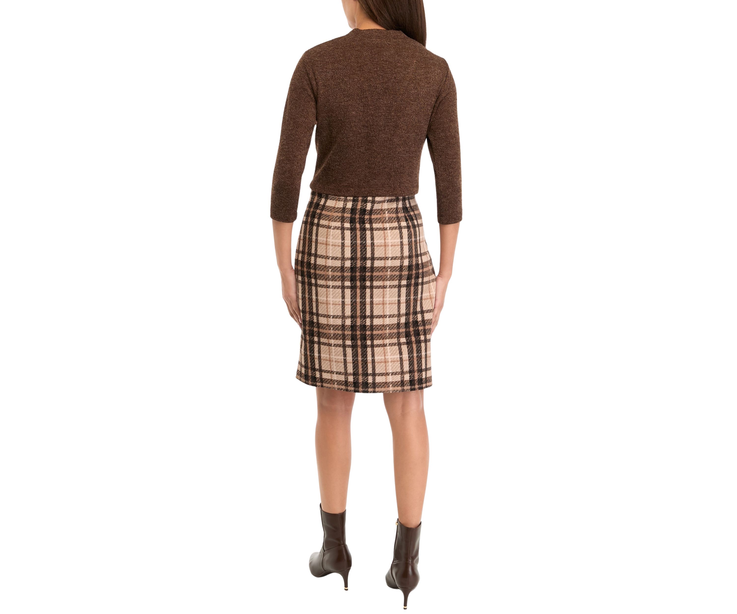 Womens 3/4 Sleeve V-Neck Plaid Printed Jacket Dress