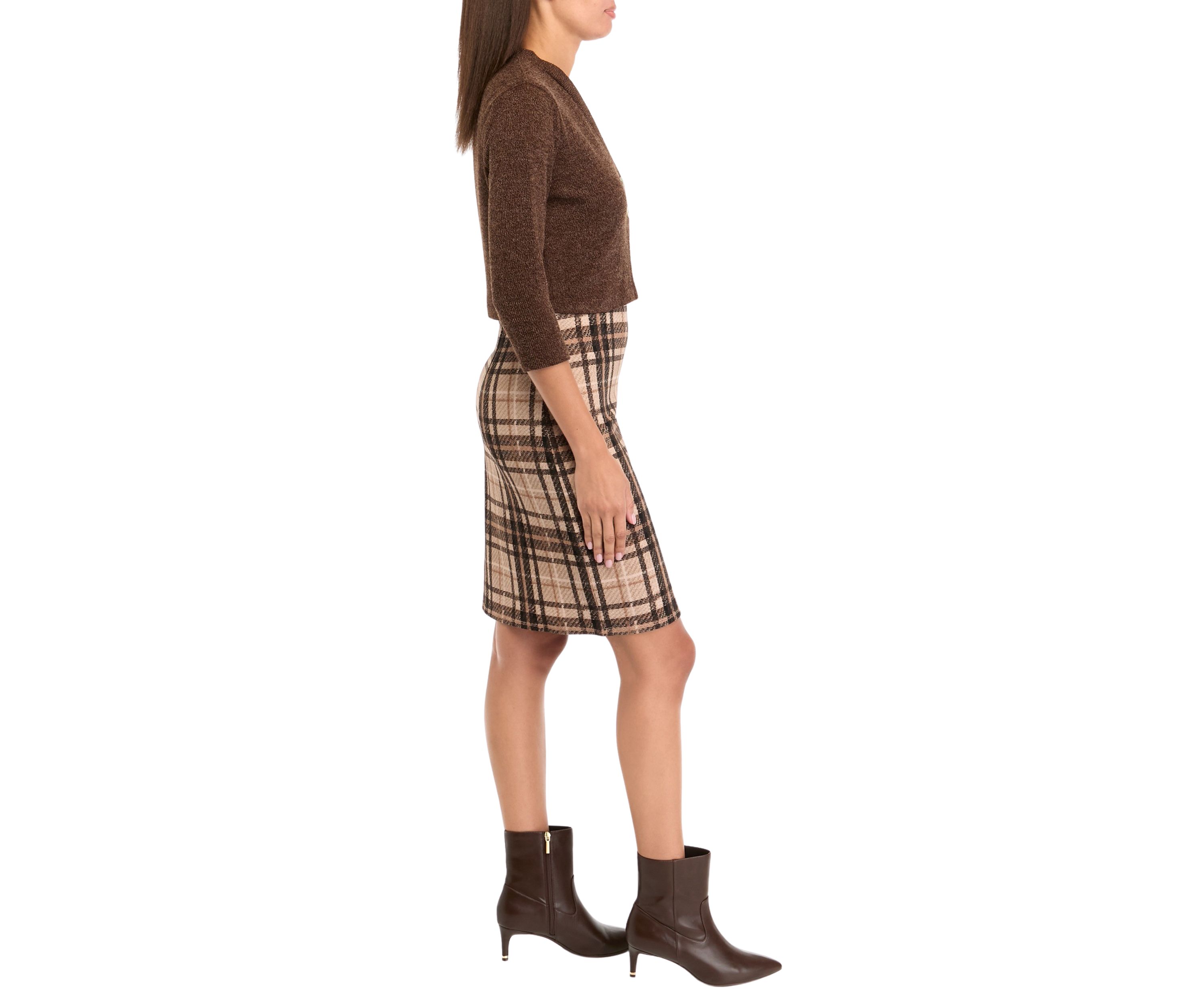 Womens 3/4 Sleeve V-Neck Plaid Printed Jacket Dress